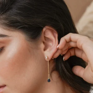 Aretes largos gota azul 4.8cm Oro Laminado 18k
